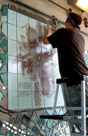 Installing "The Indian According to Hoyle", Indian Land Dancing Mural, 2009.